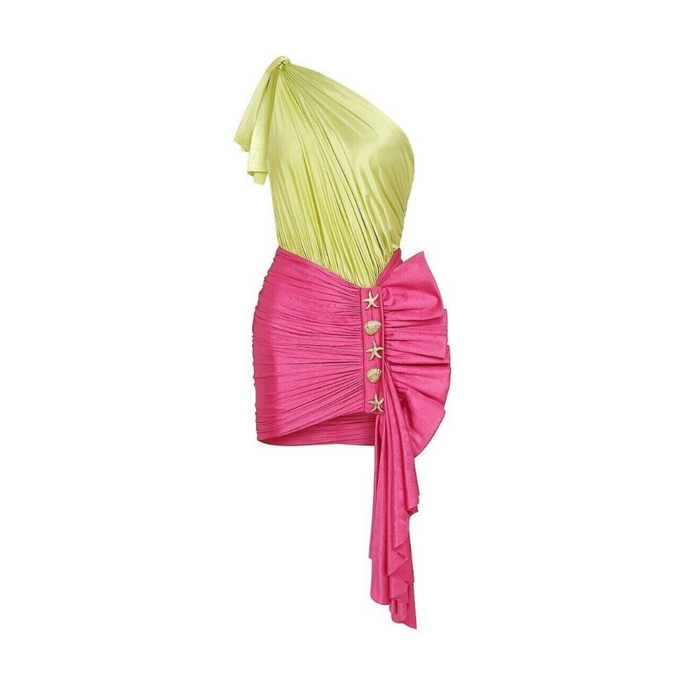 RAISA&VANESSA One Shoulder Ruched Mini Dress Fuchsia & Pistachio Green 36 NWT - Picture 2 of 9